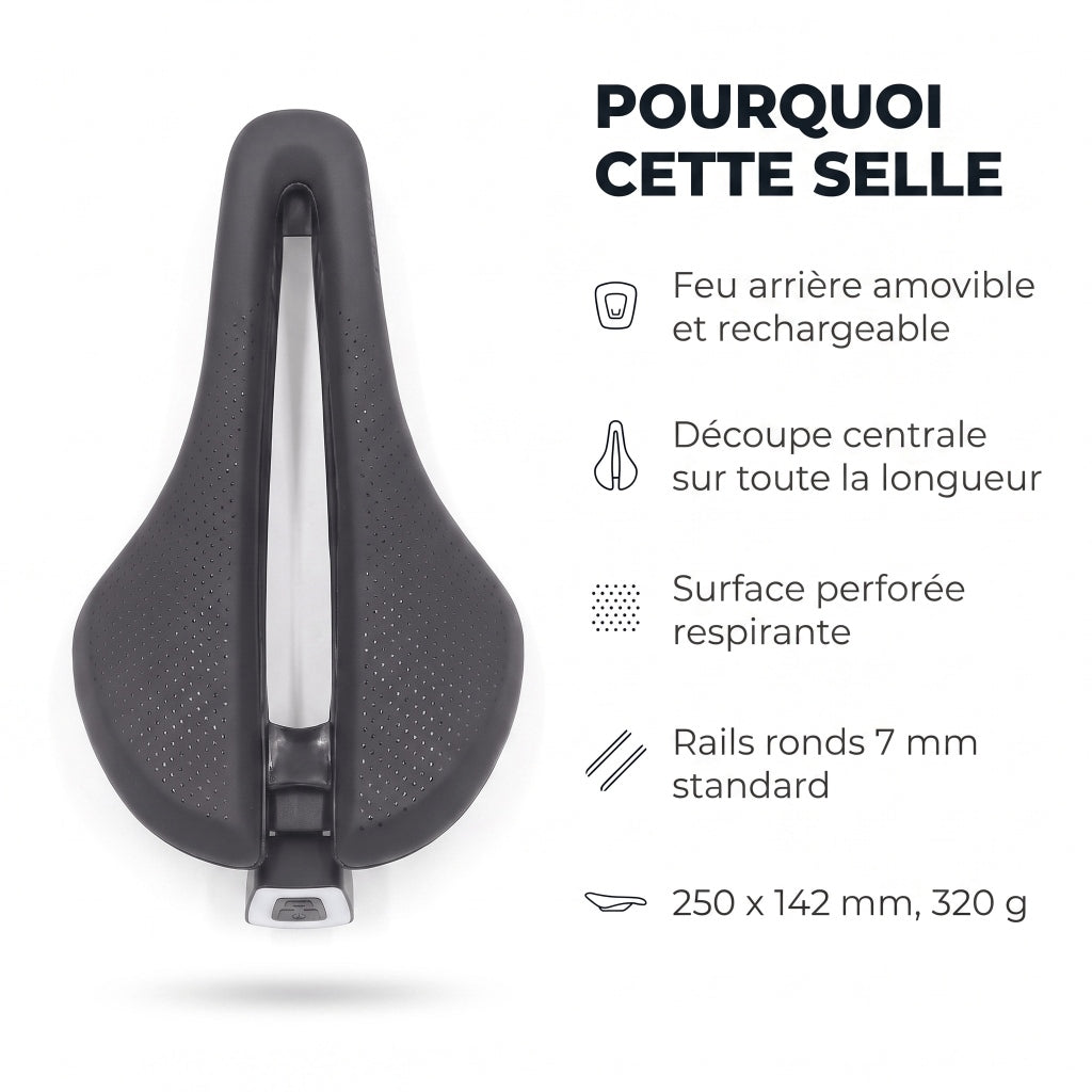 Selle de vélo route 14 cm avec feu arrière – triathlon, VTT et vélo de course