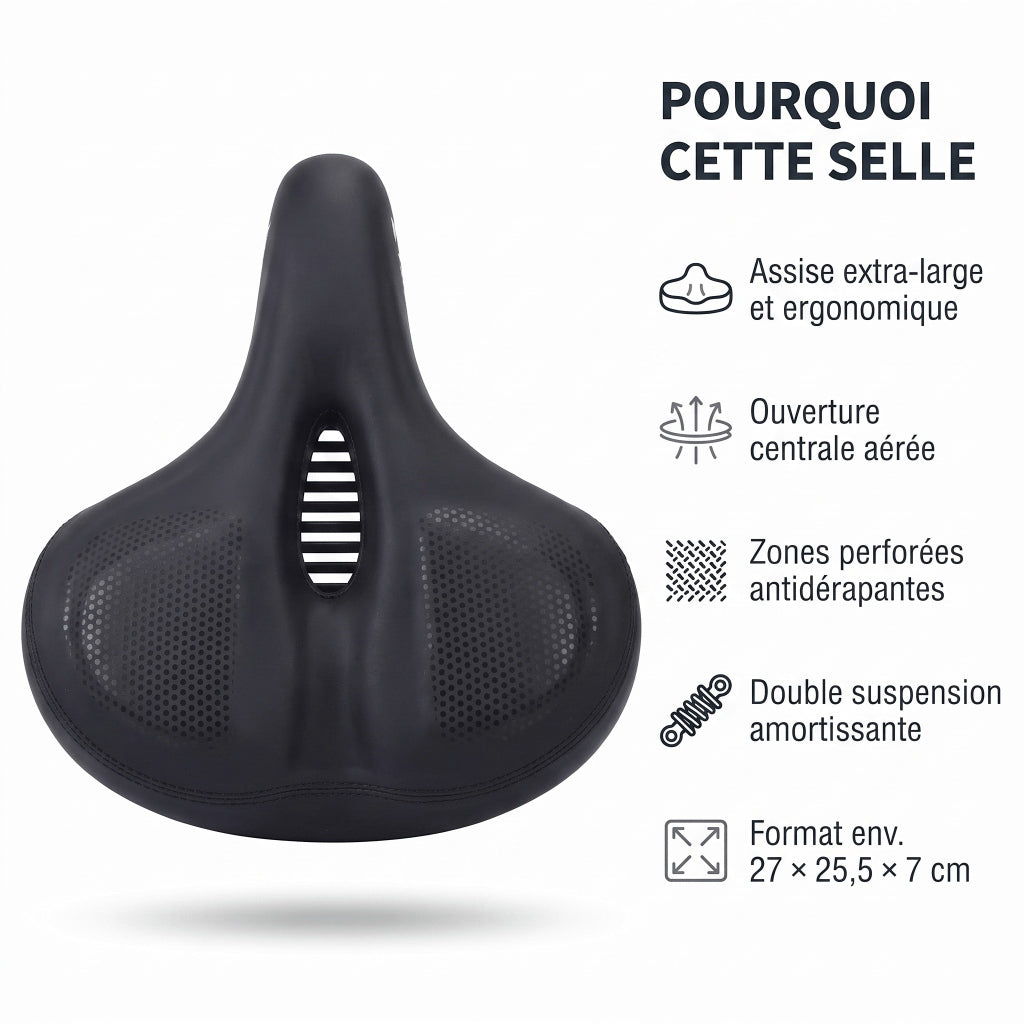 Selle de vélo confort large en cuir avec feu arrière – ville, VTT et vélo électrique