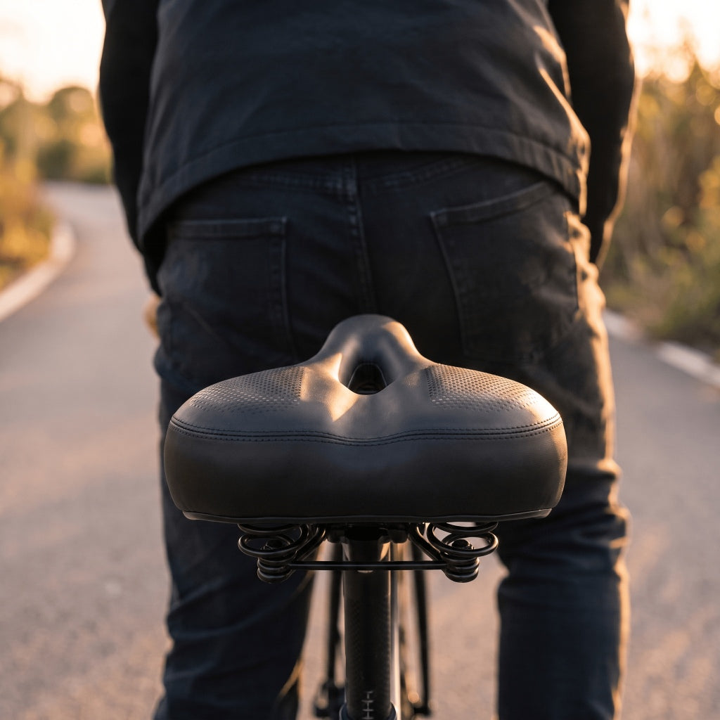 Selle de vélo confort large en cuir avec feu arrière – ville, VTT et vélo électrique