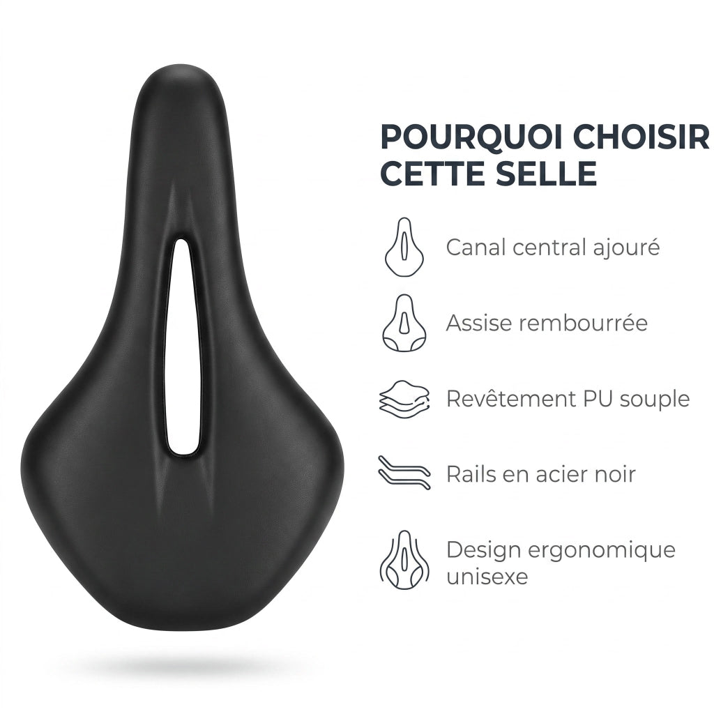 Selle de vélo en cuir PU 15,5 cm à canal central – route et VTT