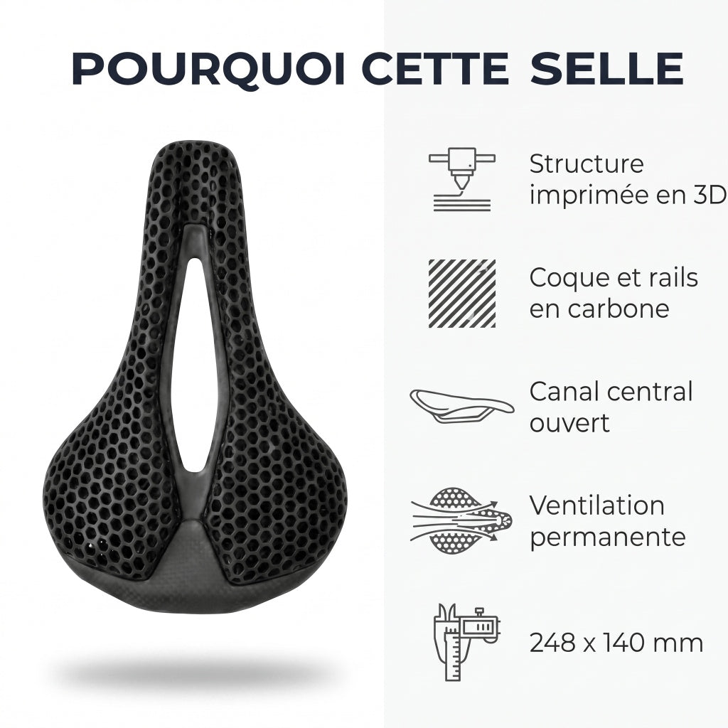 Selle de vélo carbone imprimée 3D ultra-légère 14 cm – route et VTT