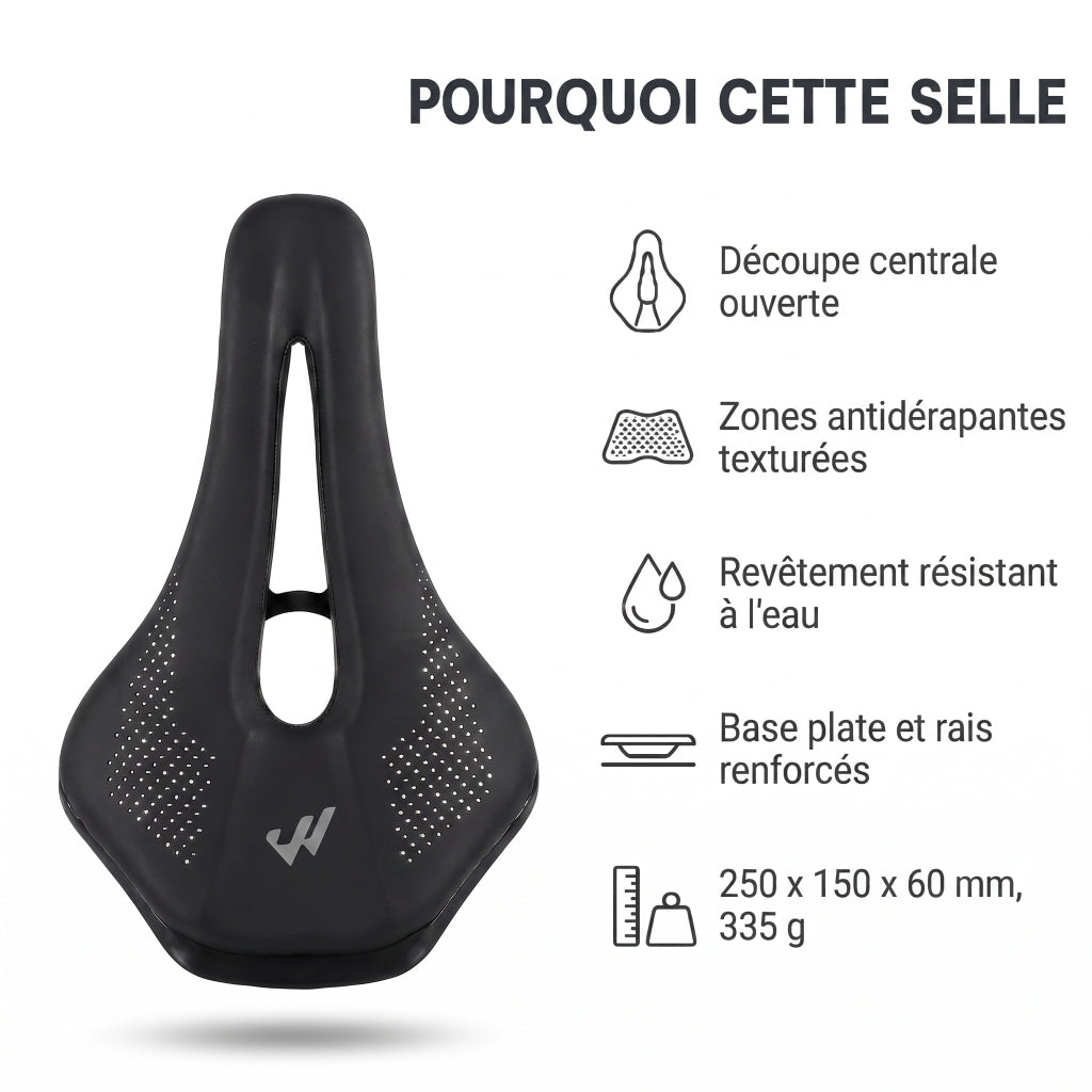 Selle de vélo légère 15 cm nez court à canal central – route et VTT